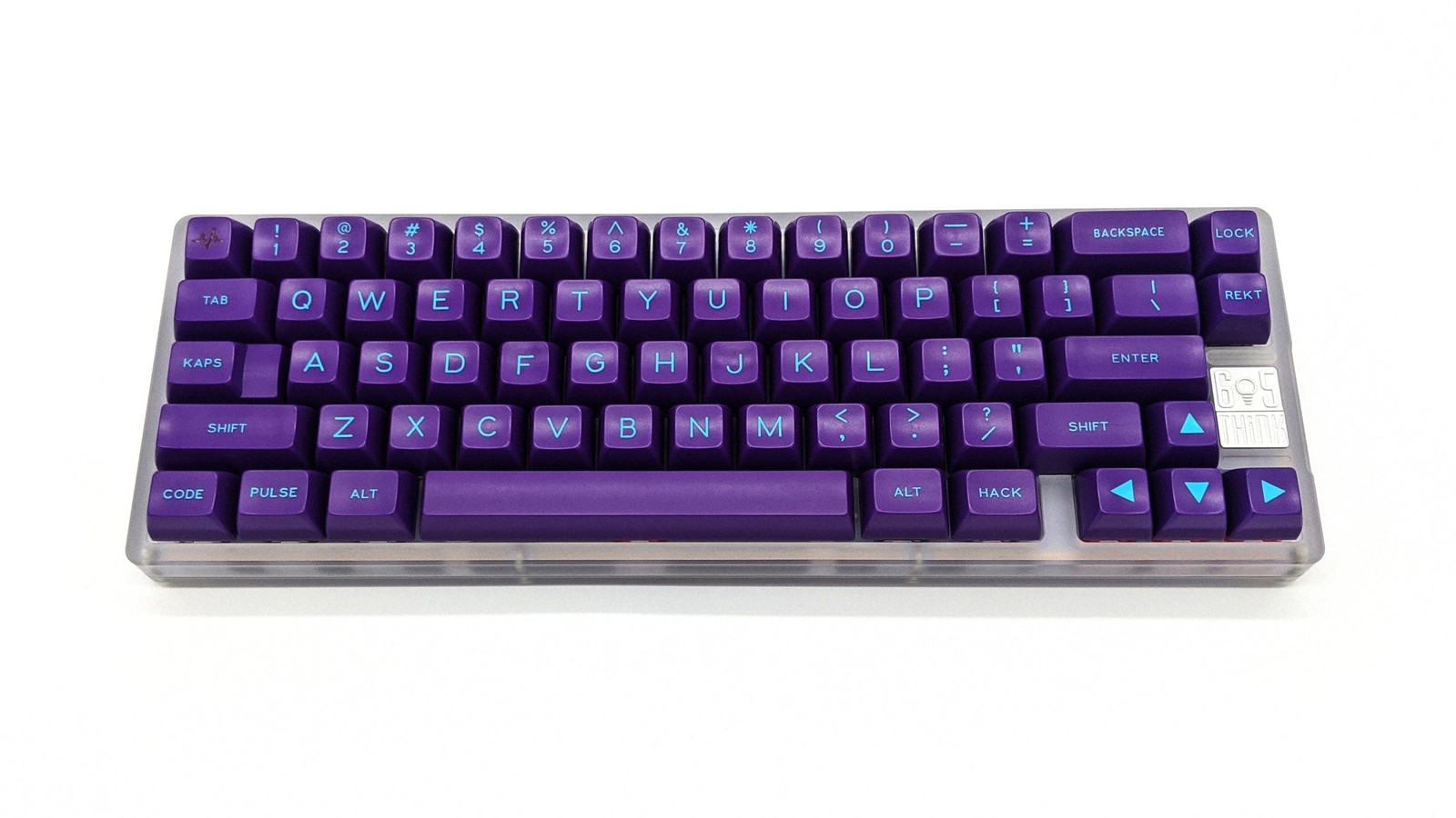 Purple with cyan keycaps on polycarbonate keyboard